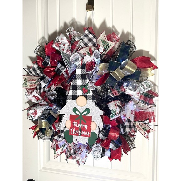 Handmade Merry Christmas Gnome Holiday Ribbon Door Wreath 22 ins W46 - Picture 2 of 11